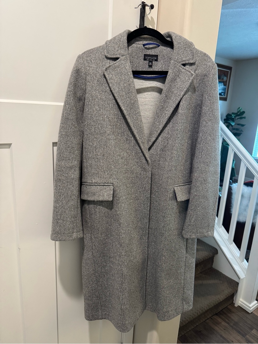 Topshop Gray Wool-Blend Coat with Blue Trim
